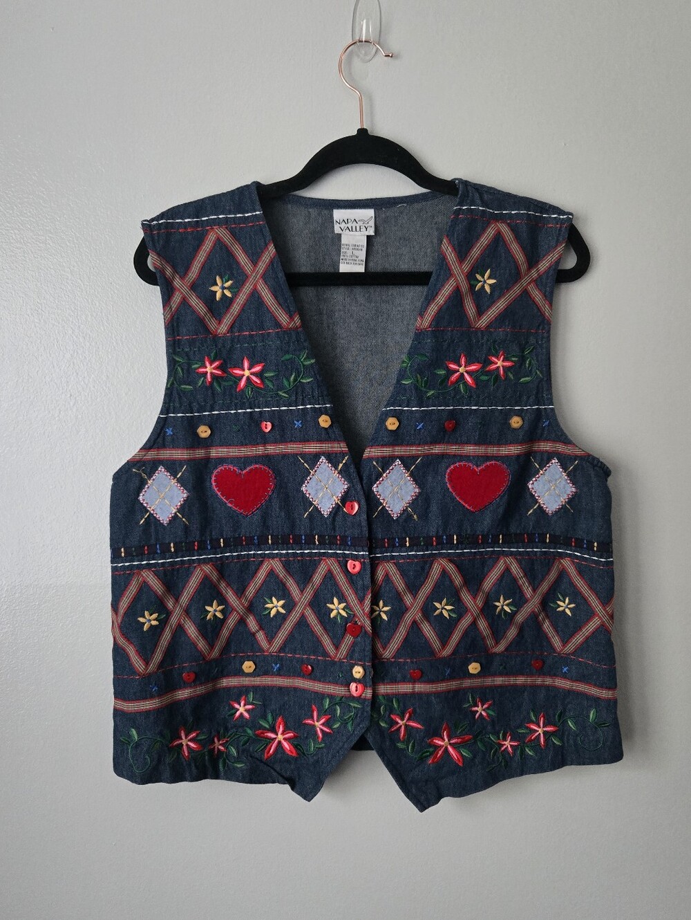 Vintage Napa Valley Denim Embroidered Vest Large Cottagecore Teacher Hearts